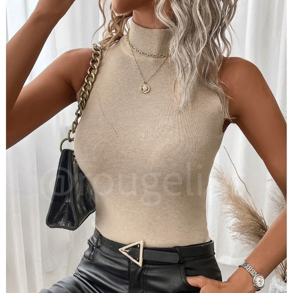 Tan Knit Sleeveless High Neck Top  Stretchy - Picture 1 of 8